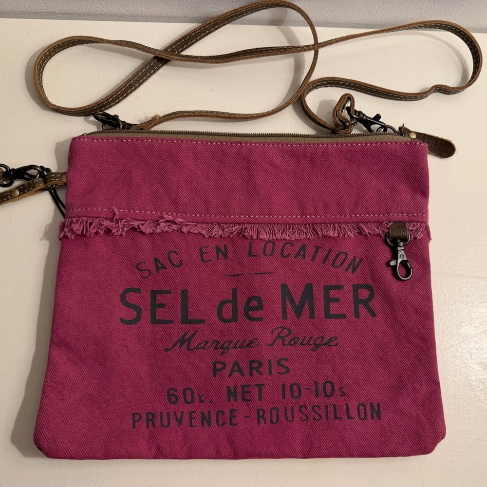 Myra Bag Pink Berry Crossbody/ Large wristlet Canvas and Leather bag.